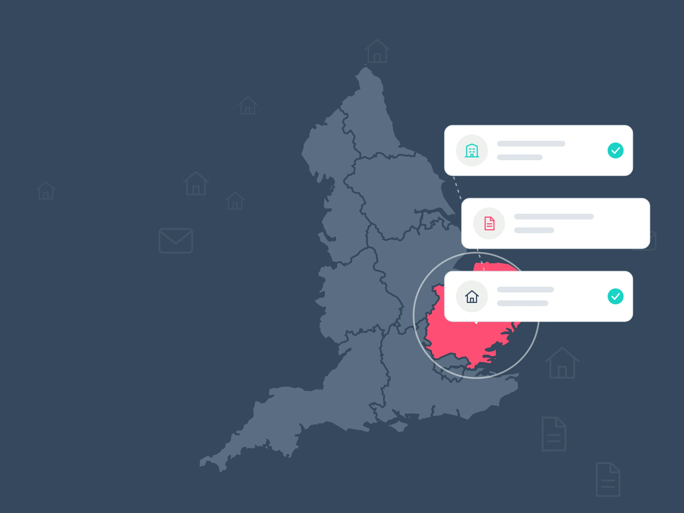 Illustration of a map of England with the East of England in coral and a yellow pin, linked by a dotted line to cards for a council building, a licence document and a house.