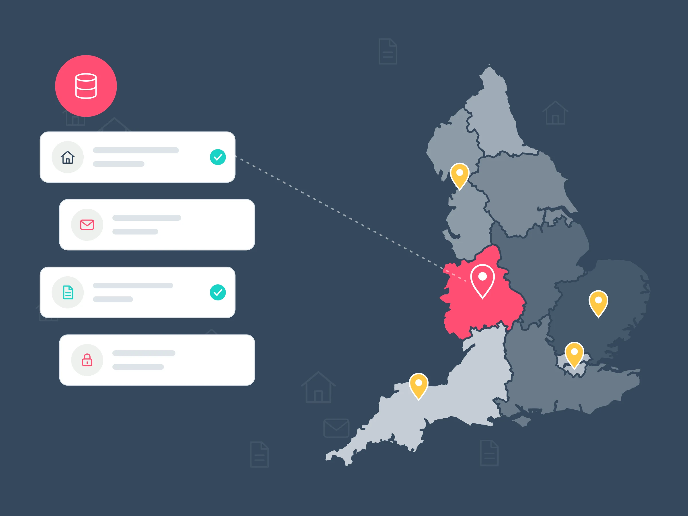 Illustration of a map of England in shades of navy with one region in coral, pins marking regions, and house, envelope, document and padlock cards beside it.