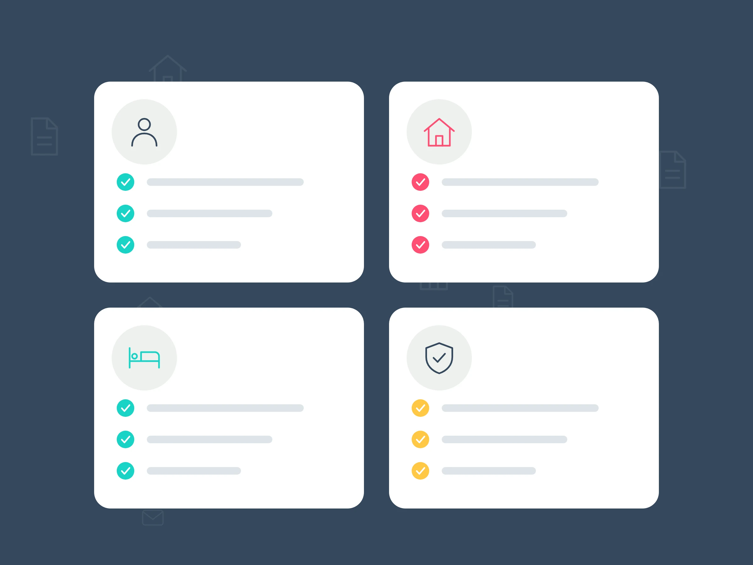 Illustration of four white cards, each with an icon for landlord, property, tenancy and safety details and a short checklist of ticks.