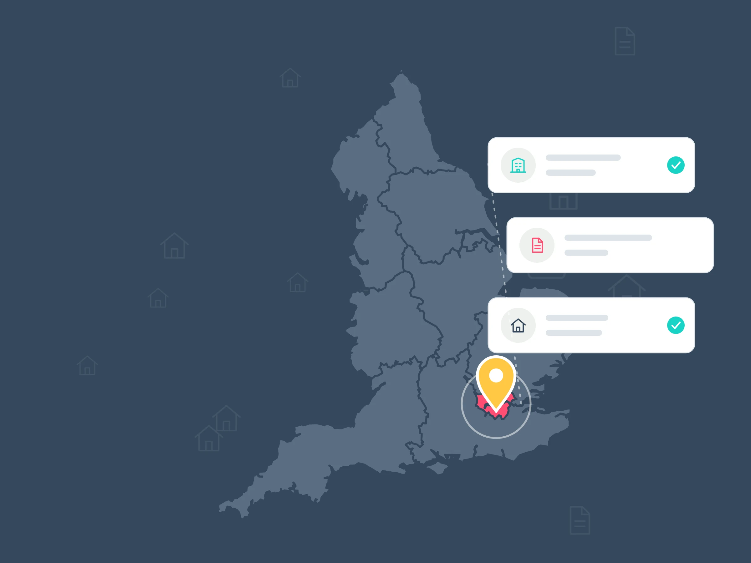 Illustration of a map of England with London in coral and a yellow pin, linked by a dotted line to cards for a council building, a licence document and a house.