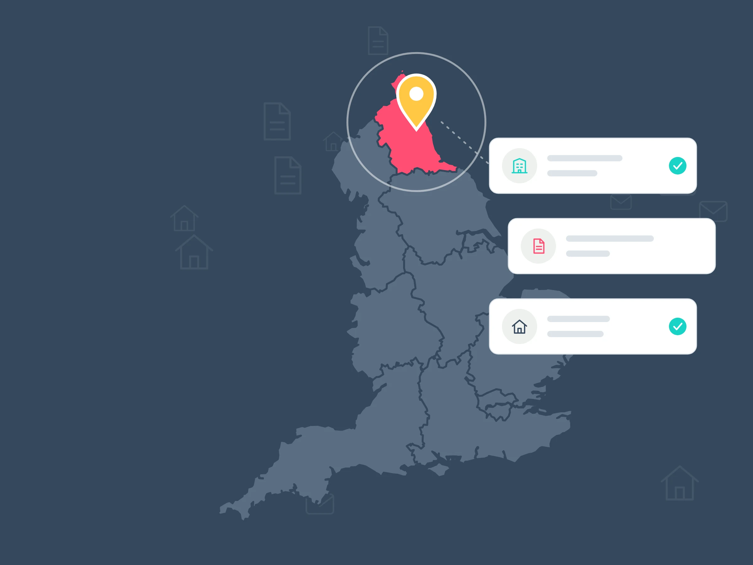 Illustration of a map of England with the North East in coral and a yellow pin, linked by a dotted line to cards for a council building, a licence document and a house.