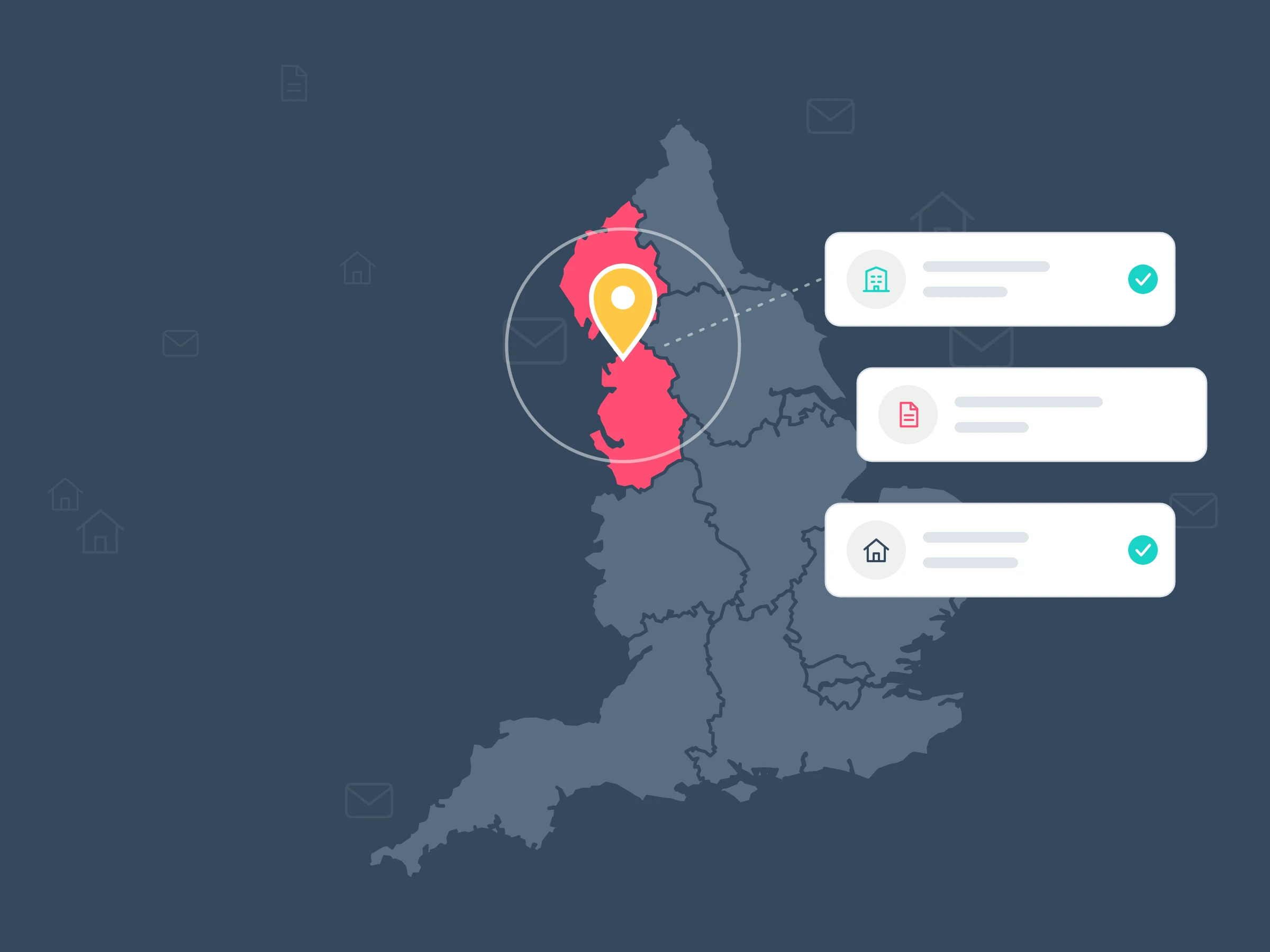 Illustration of a map of England with the North West in coral and a yellow pin, linked by a dotted line to cards for a council building, a licence document and a house.