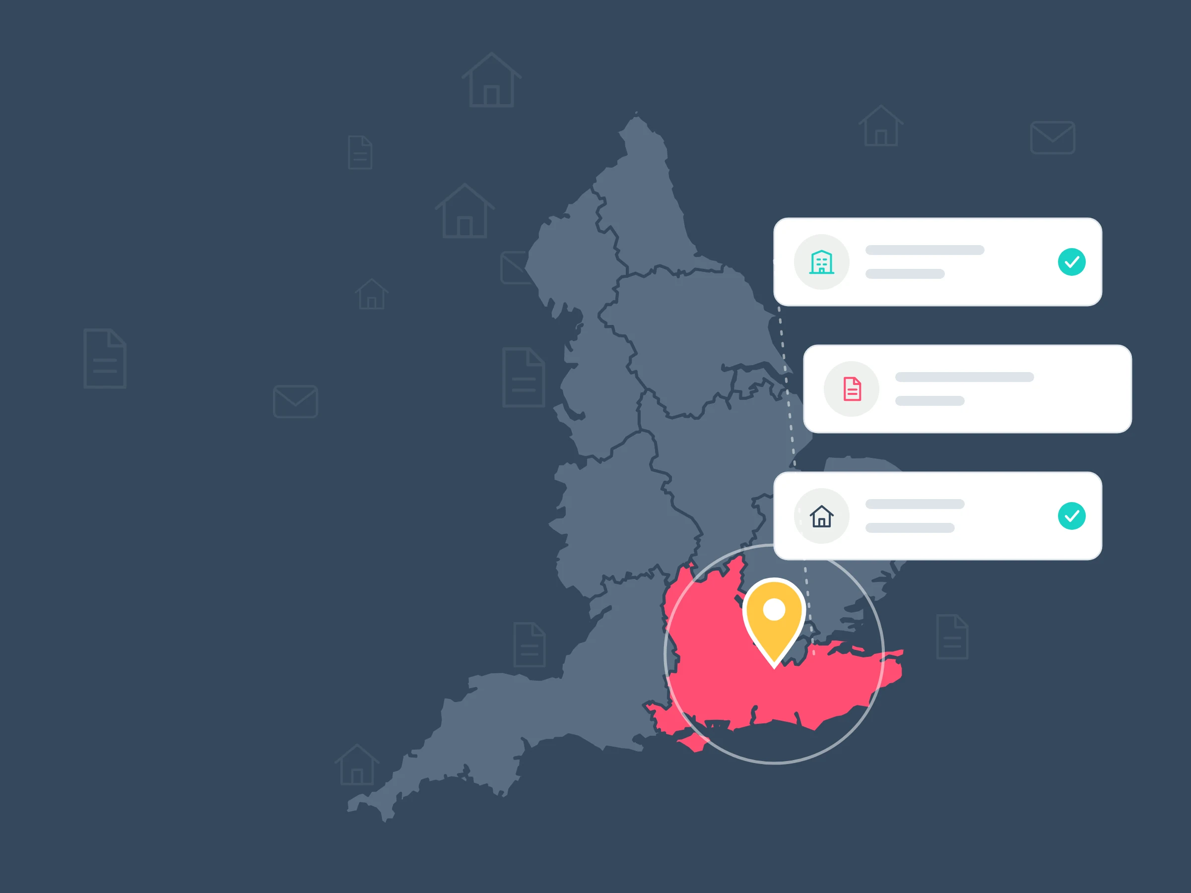 Illustration of a map of England with the South East in coral and a yellow pin, linked by a dotted line to cards for a council building, a licence document and a house.
