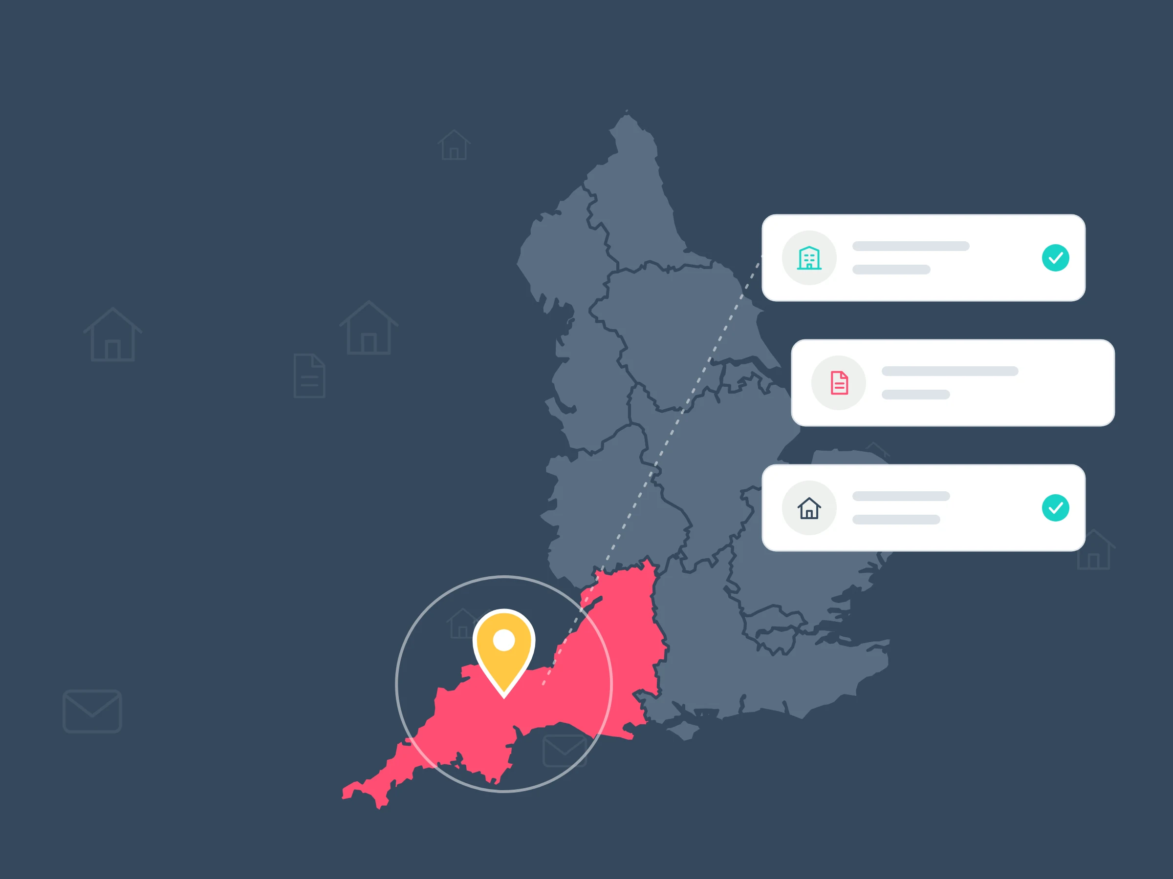 Illustration of a map of England with the South West in coral and a yellow pin, linked by a dotted line to cards for a council building, a licence document and a house.