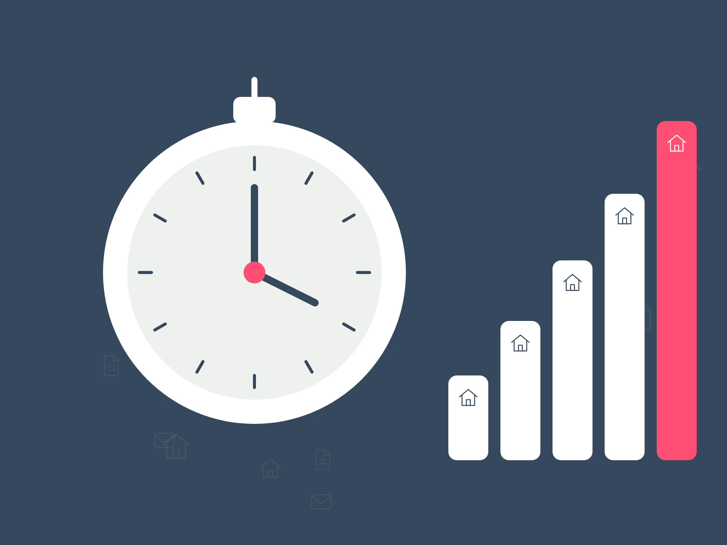 Illustration of a large stopwatch beside a rising row of five columns topped with houses, the tallest in coral, showing registration time growing with portfolio size.