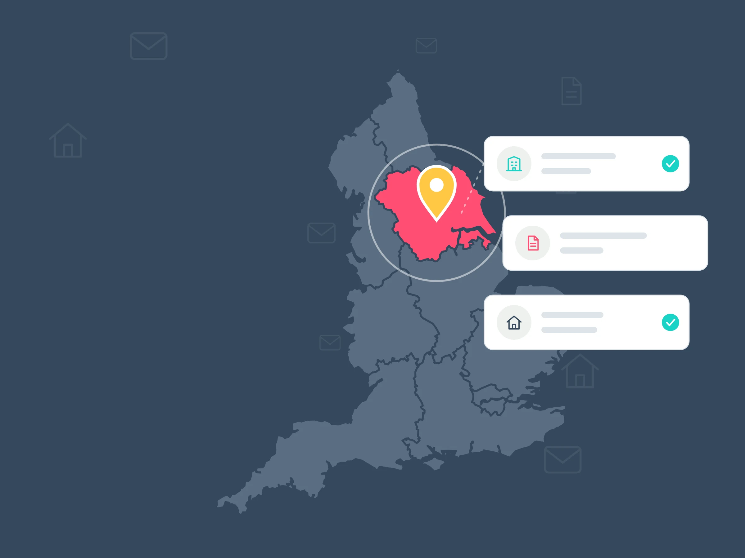 Illustration of a map of England with Yorkshire and the Humber in coral and a yellow pin, linked by a dotted line to cards for a council building, a licence document and a house.