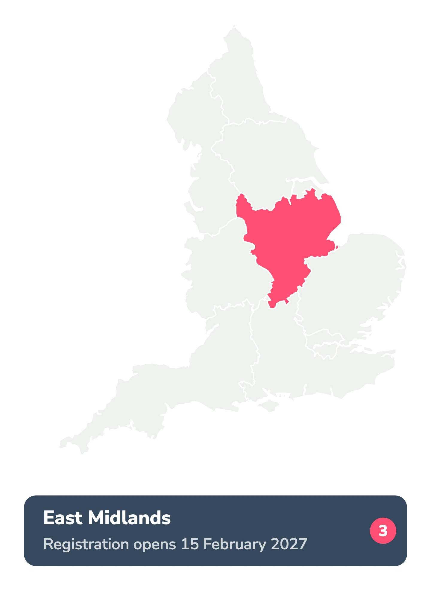 Map of England with East Midlands highlighted in coral. Registration opens in East Midlands on 15 February 2027, number 3 of nine regions.