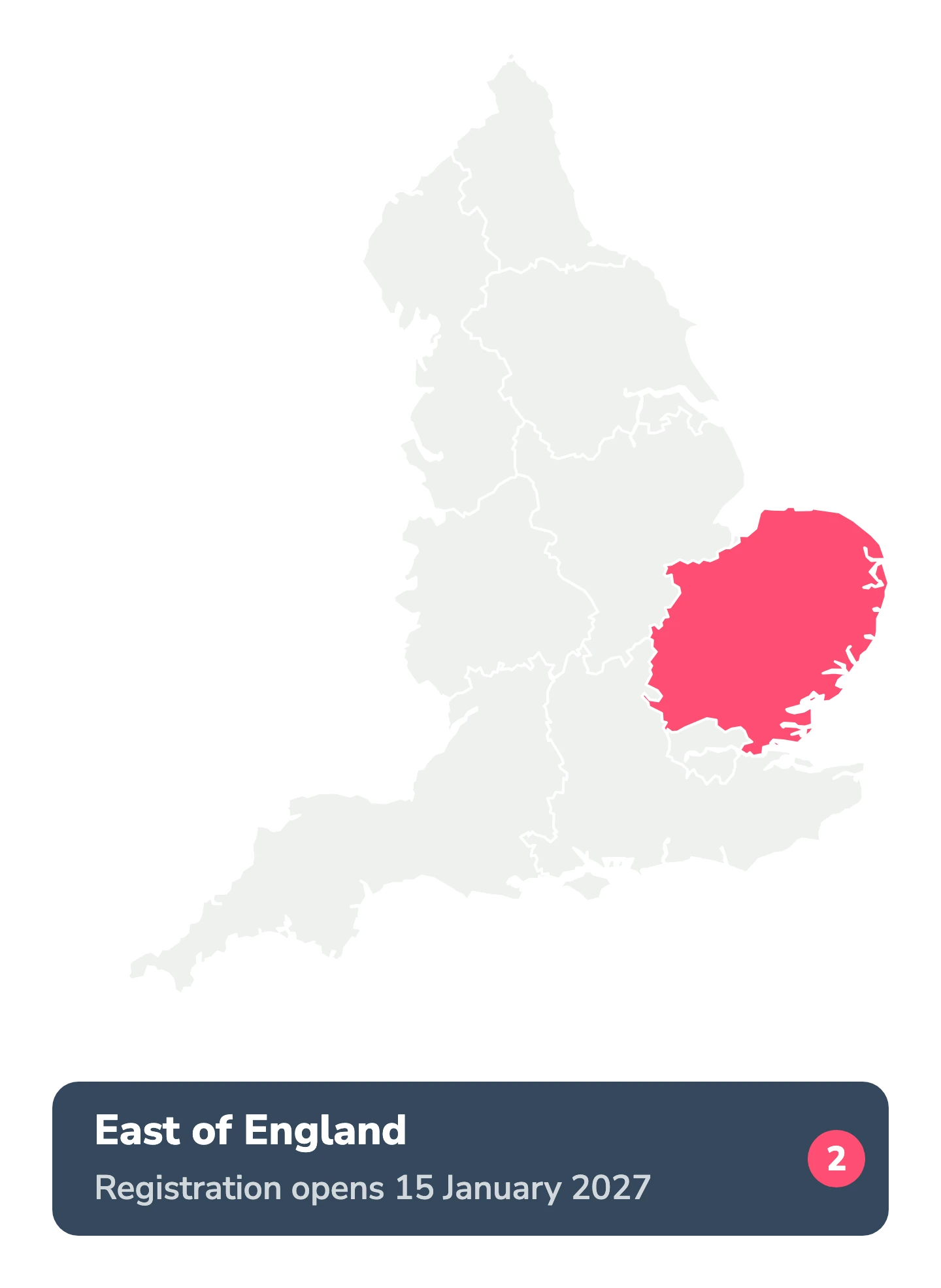 Map of England with East of England highlighted in coral. Registration opens in East of England on 15 January 2027, number 2 of nine regions.