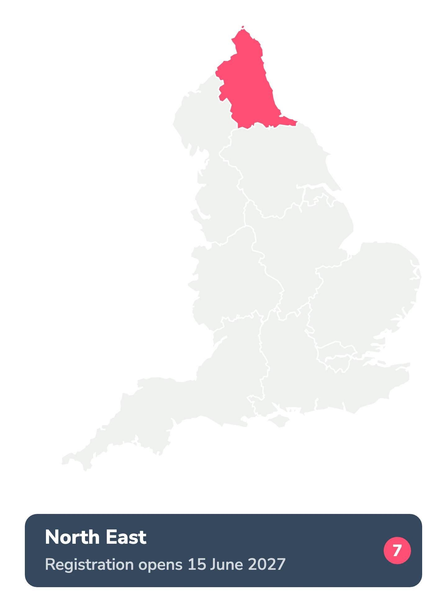 Map of England with North East highlighted in coral. Registration opens in North East on 15 June 2027, number 7 of nine regions.