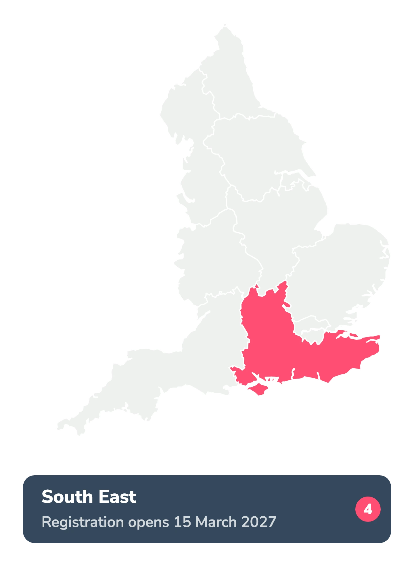 Map of England with South East highlighted in coral. Registration opens in South East on 15 March 2027, number 4 of nine regions.