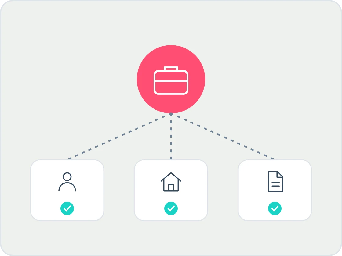 Illustration of a coral briefcase for the letting agent connected to three ticked cards for landlord, property and document tasks they can do.