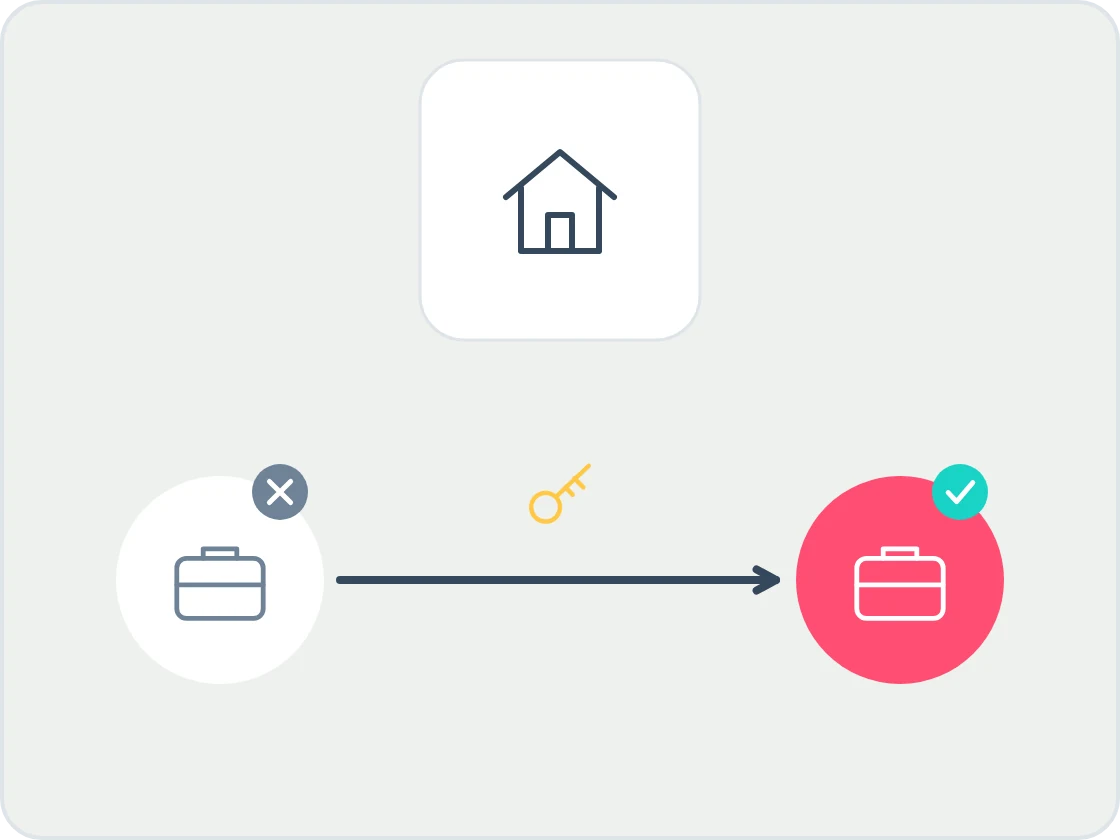 Illustration of a house above two briefcases, a grey former agent on the left and a coral new agent on the right, with an arrow and a key passing between them.