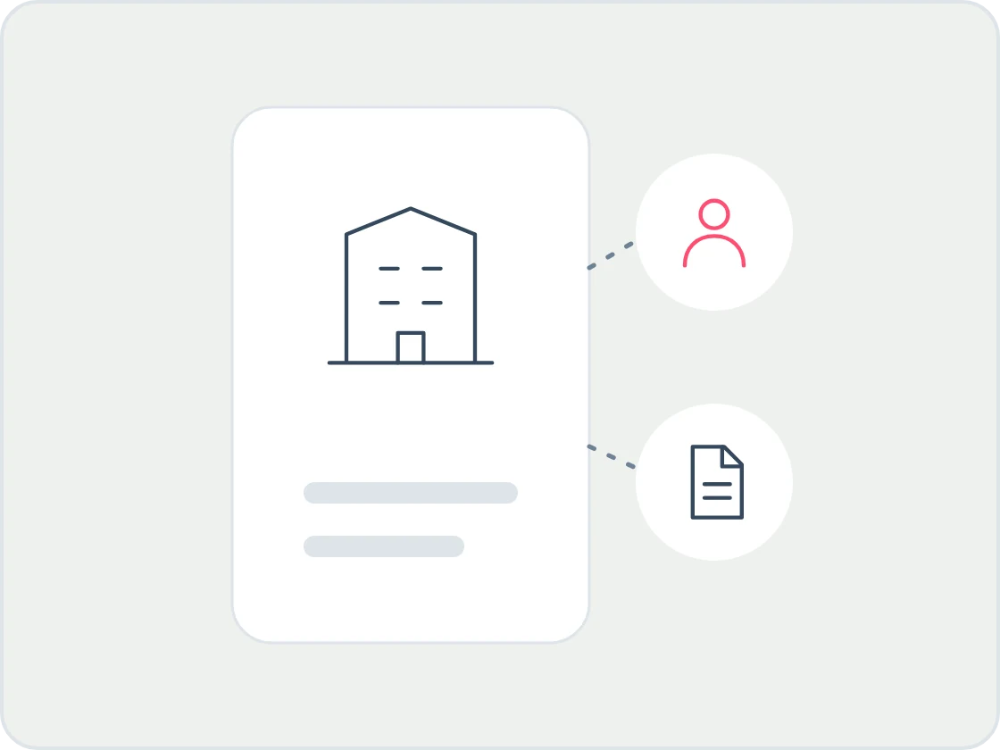 Illustration of an office building card linked to a person and a document, for a landlord that is a company.