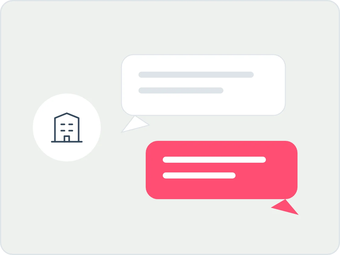 Illustration of a council building beside two speech bubbles, one white and one coral, for what councils have said about the database.