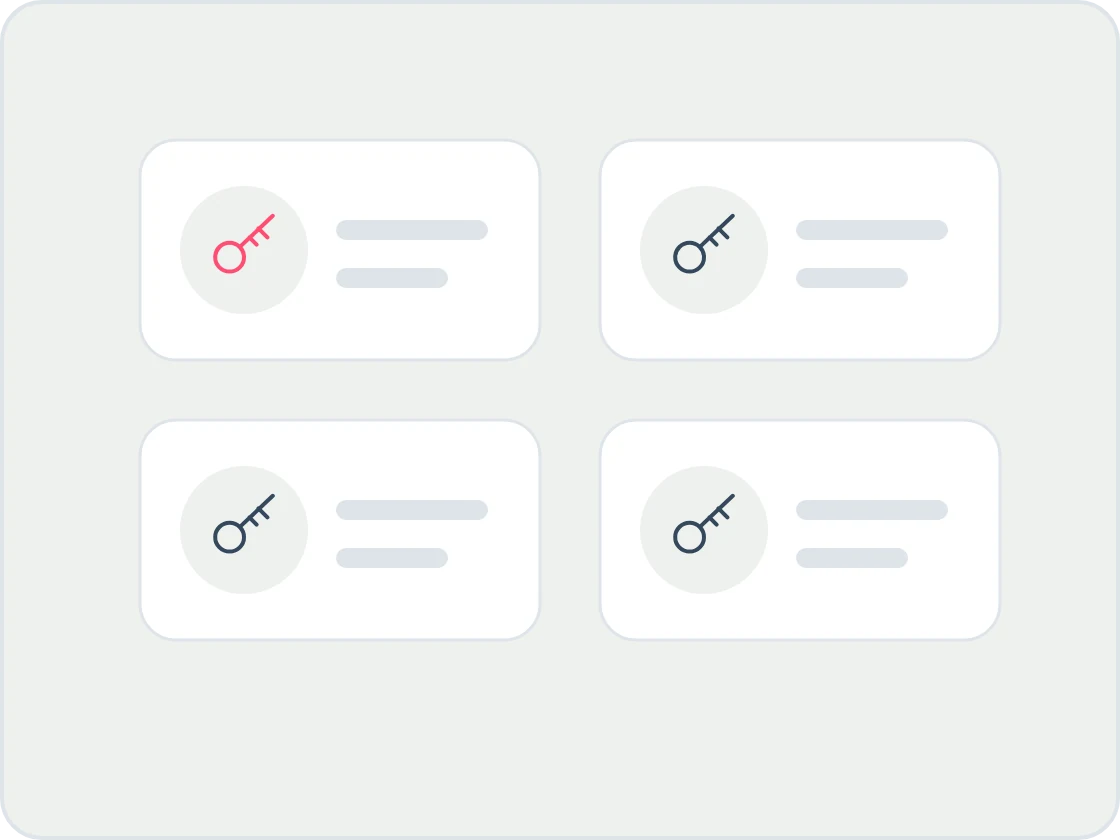 Illustration of four cards, each with a key and two lines, standing for the separate passwords an agent has to look after.