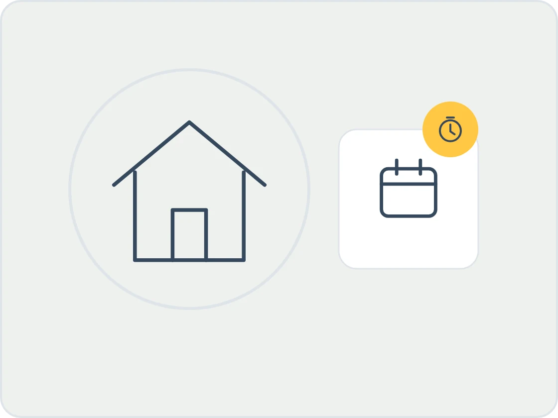 Illustration of an empty house inside a thin circle beside a calendar with a clock badge, for a property between tenancies.