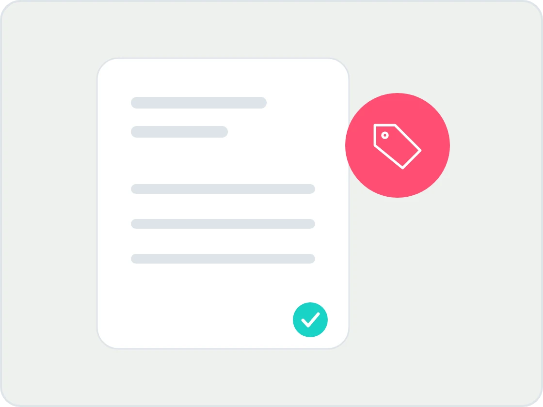 Illustration of a fee schedule document with lines and a tick, beside a coral price tag, for fee transparency rules.