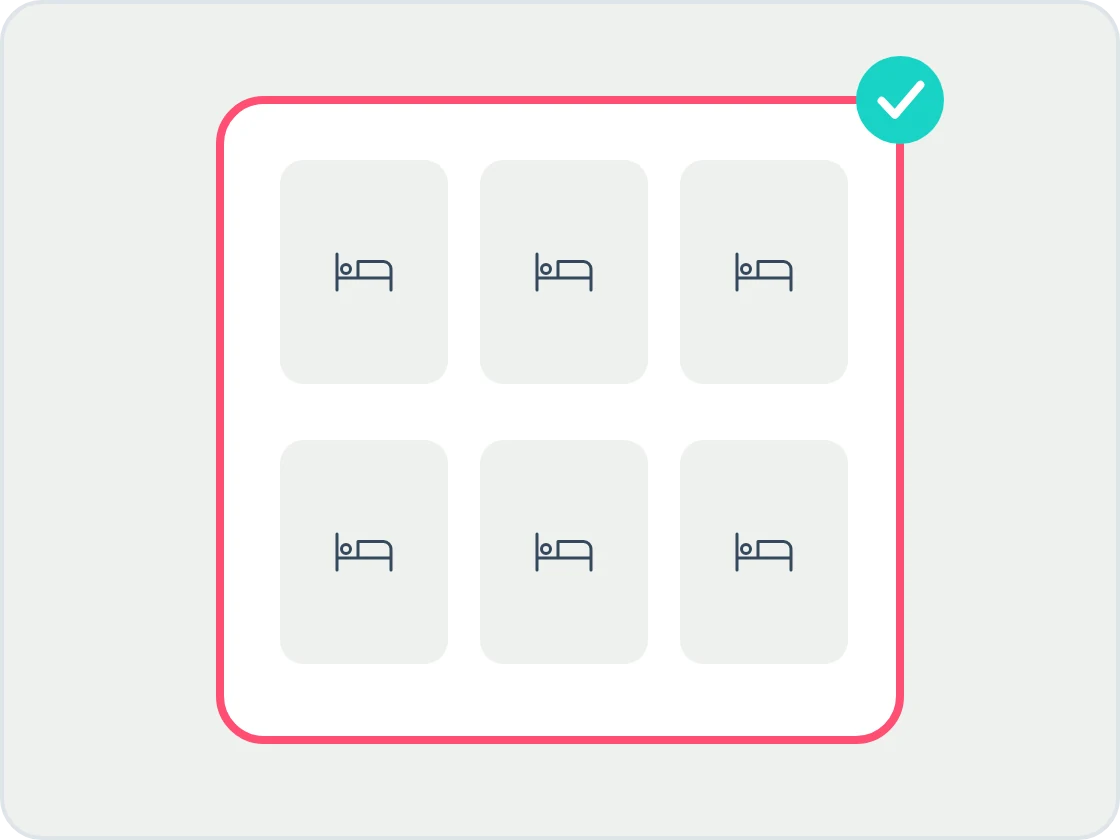 Illustration of a building outlined once in coral containing six rooms with beds, showing a shared house is one entry rather than one per room.