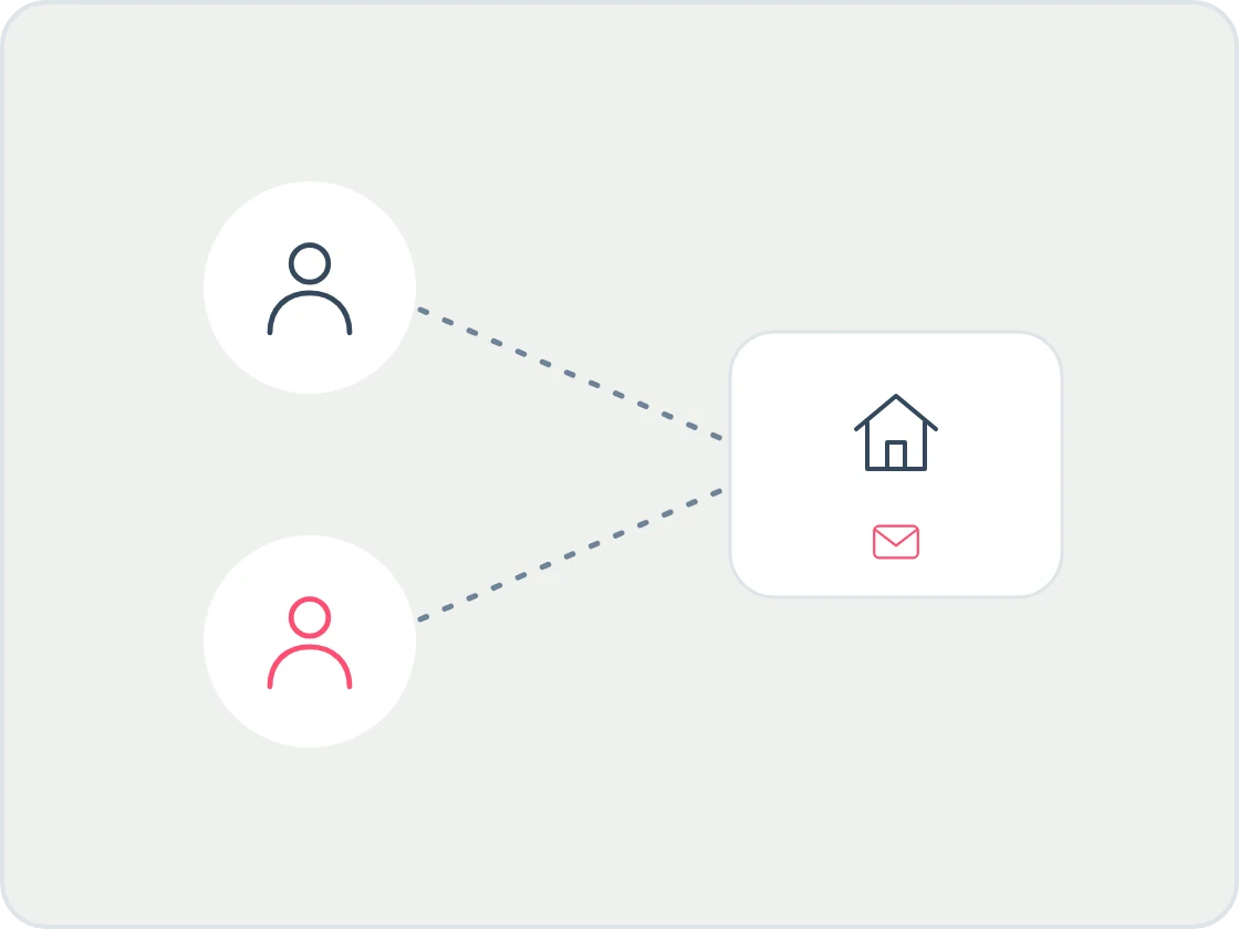 Illustration of two landlord figures connected to one house and a single envelope, showing joint landlords share one registration.