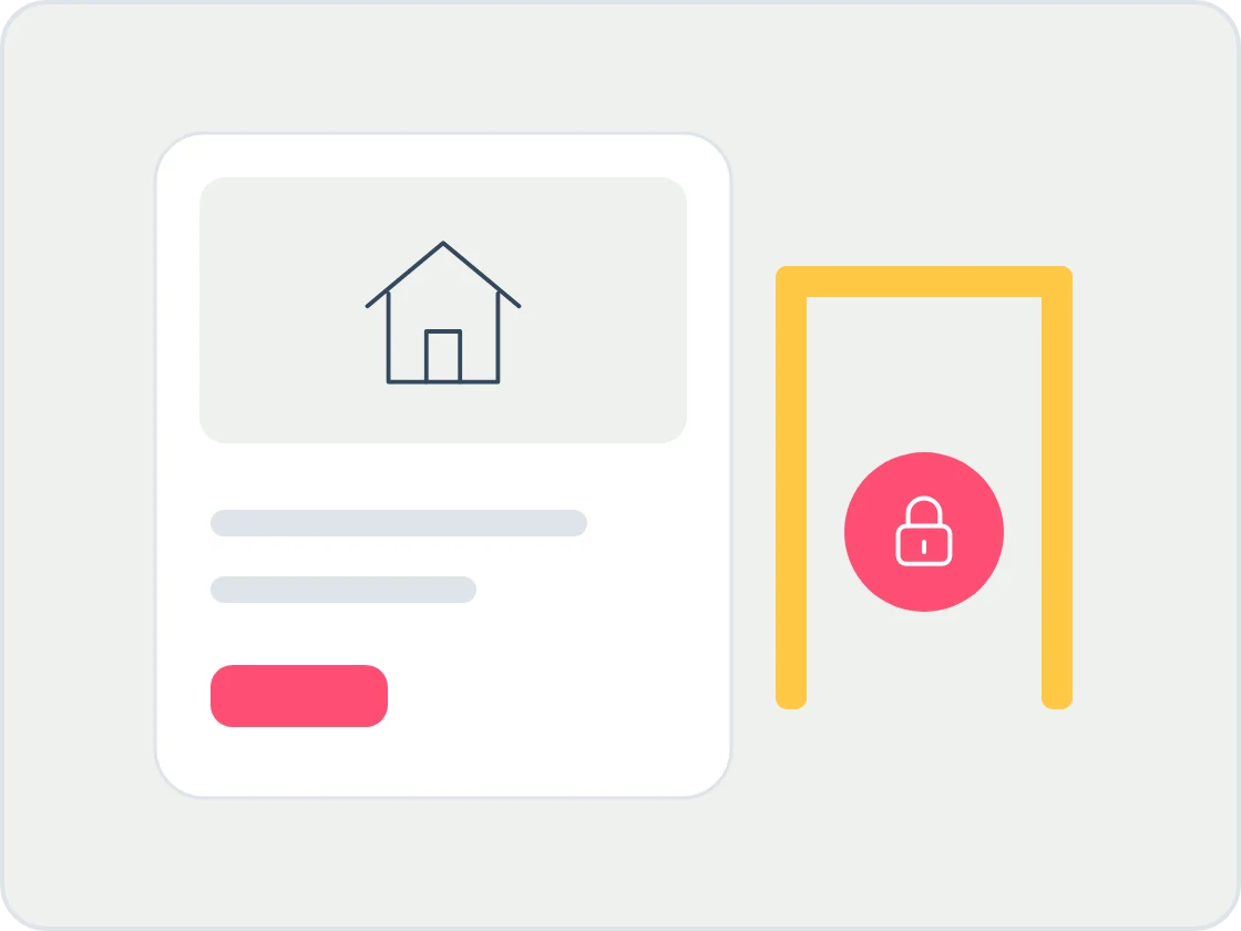 Illustration of a property listing card beside a yellow gate with a coral padlock, showing a listing cannot go live until registration is in place.