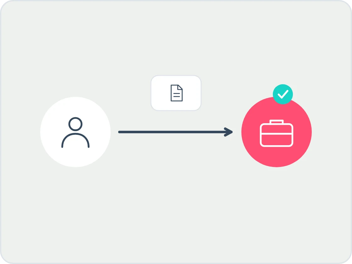 Illustration of a landlord figure on the left and a coral briefcase for an agent on the right with an arrow and a document between them and a tick, for nominating an agent.