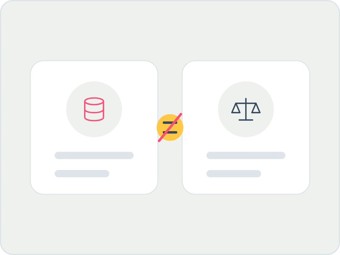 Illustration of two separate cards, a database register and a pair of scales for the ombudsman, with a not-equal sign between them.
