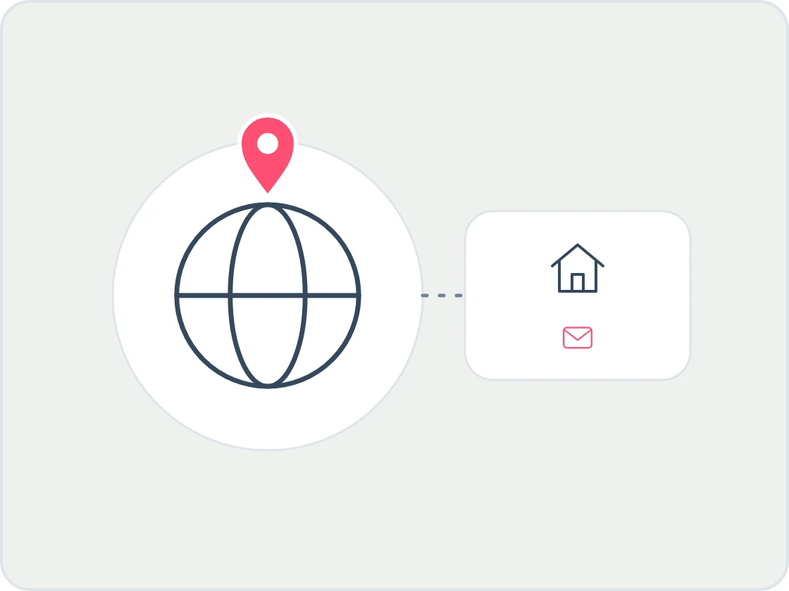 Illustration of a globe with a coral pin connected to a house and envelope card, for a landlord living abroad.