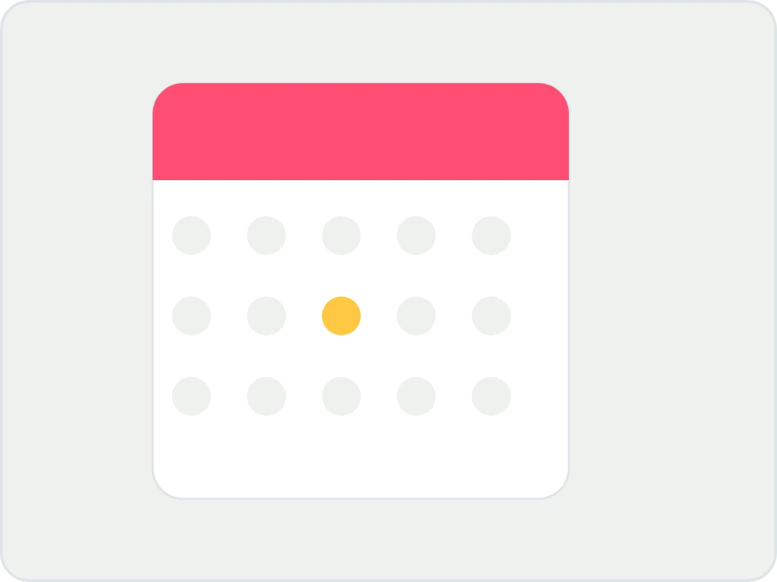 Illustration of a calendar card with a coral header and one yellow day highlighted among rows of grey dots, for a regional registration window.