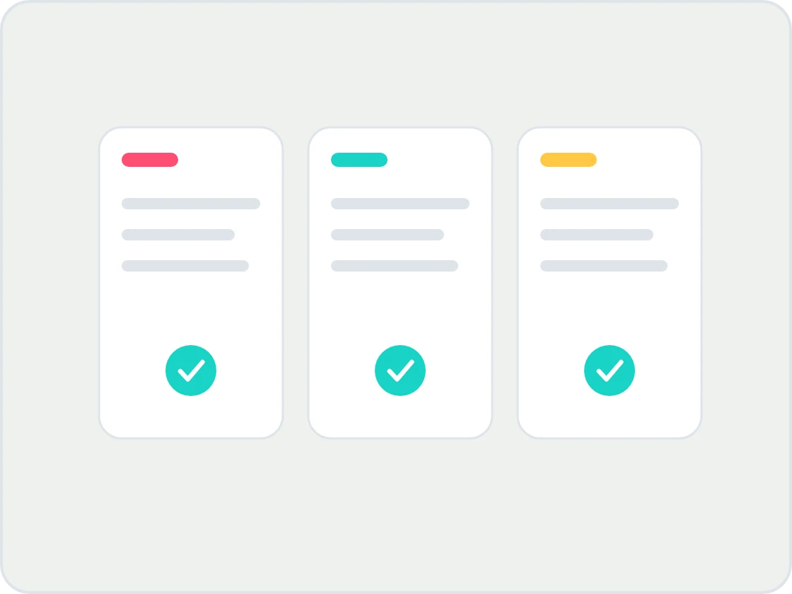 Illustration of three certificate cards, each with a coloured tab and a tick, for the gas, electrical and energy performance certificates.