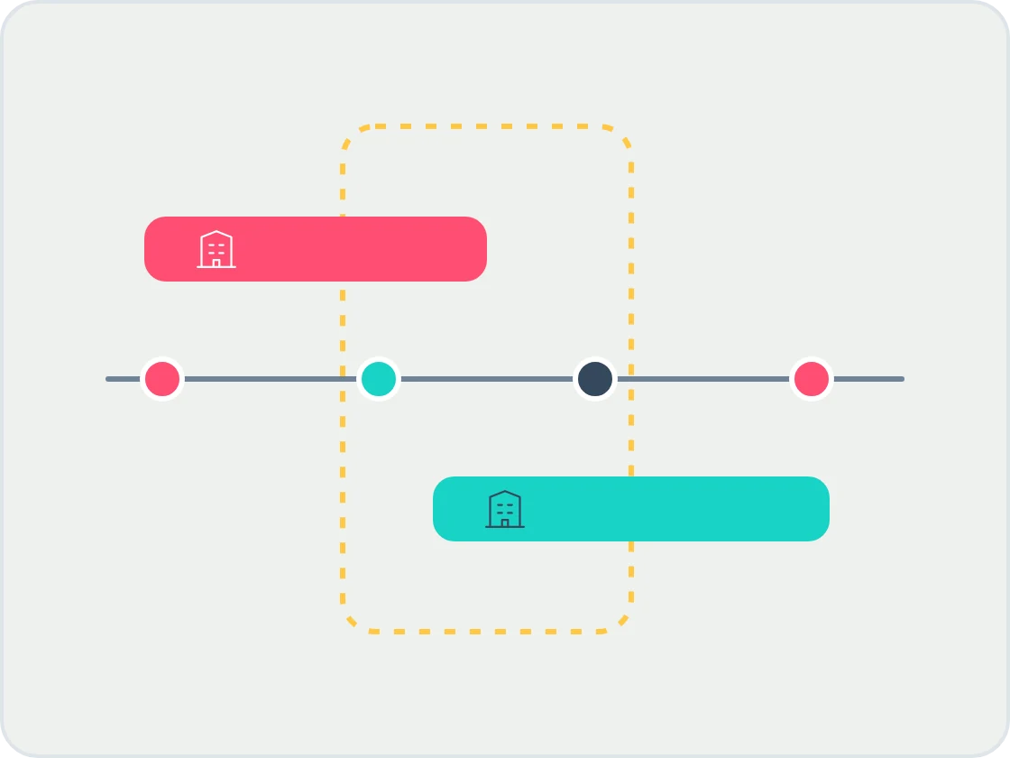 Illustration of a timeline with a dashed yellow window and two bars, one coral and one turquoise, standing for licensing schemes that start or end around a registration window.