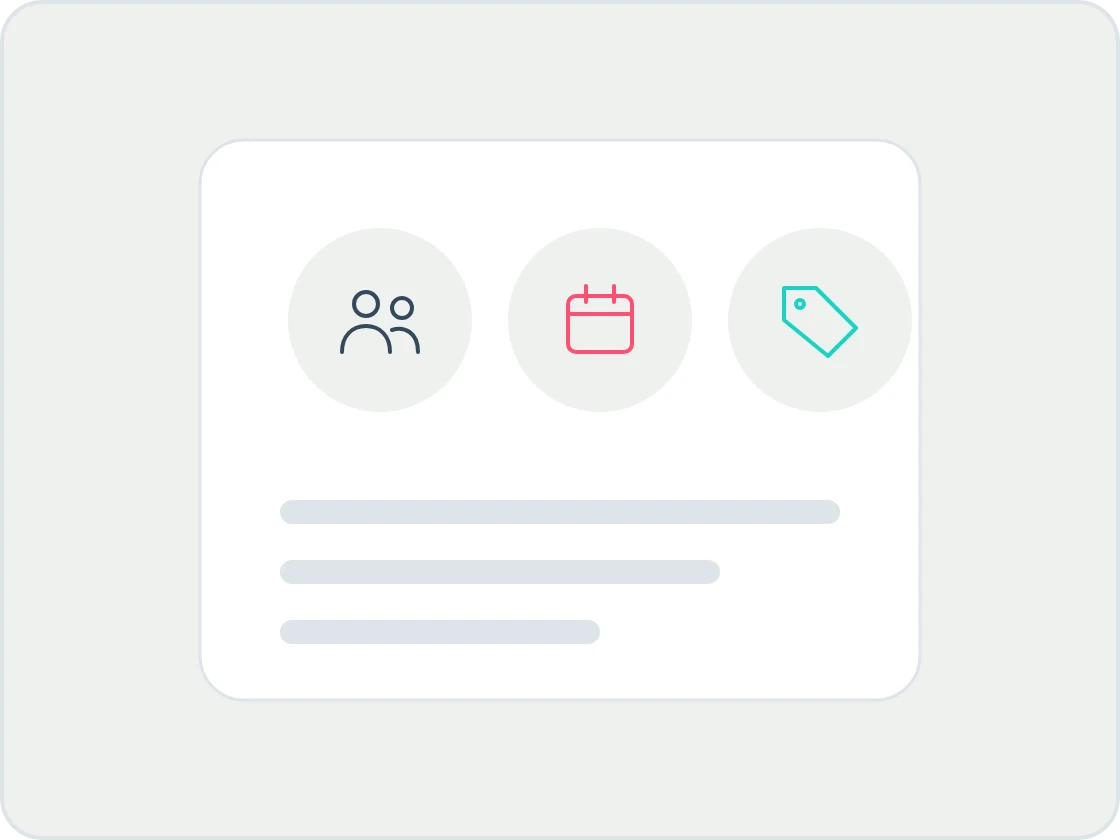 Illustration of a tenancy card with three round icons for occupants, dates and rent above rows of detail lines, for the tenancy details asked for.