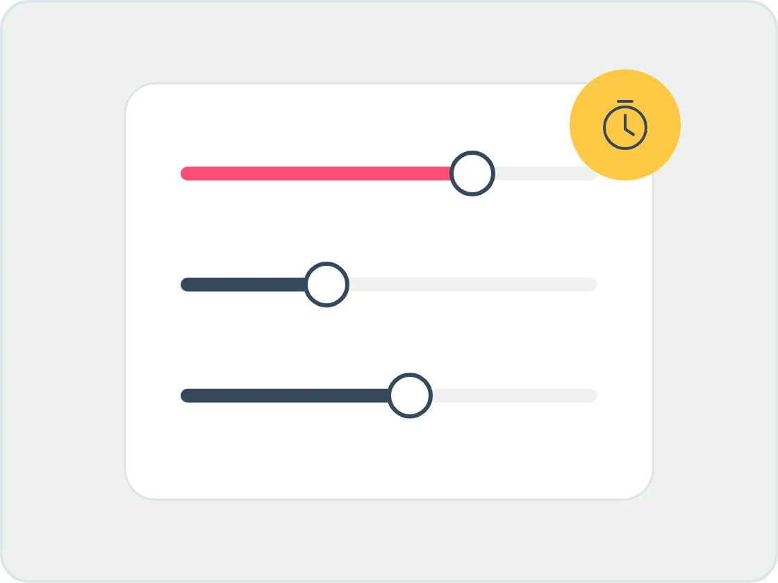 Illustration of a card with three sliders set to different positions and a yellow clock badge, for a time calculator.