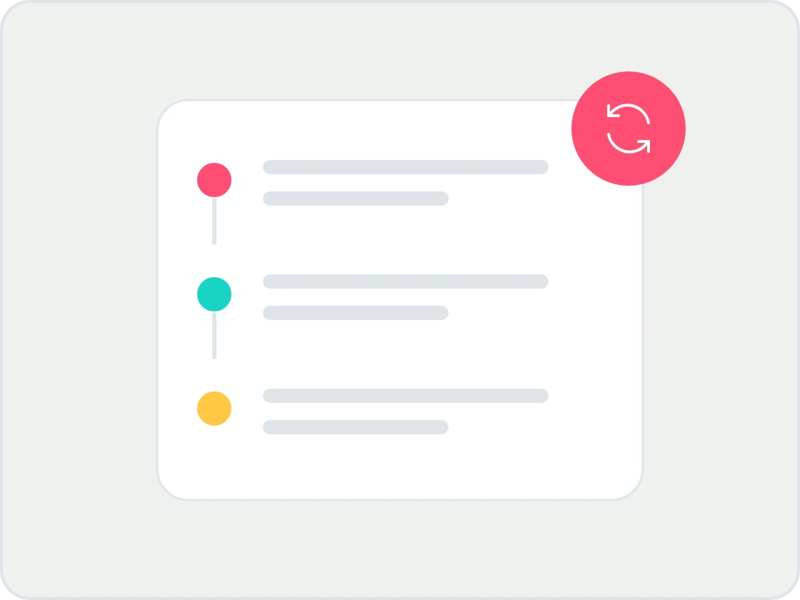 Illustration of a timeline card with three dated entries marked by coral, turquoise and yellow dots, and a refresh badge in the corner.