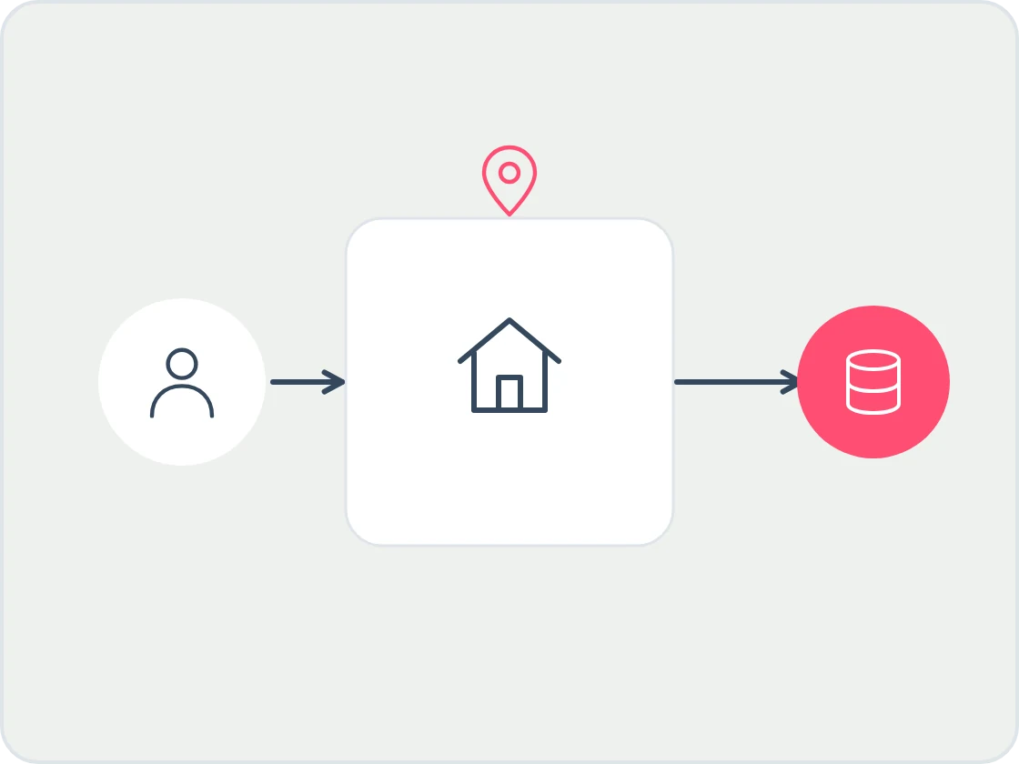 Illustration of a landlord figure pointing to a property in a location with an arrow on to a coral register icon, for finding the right register.