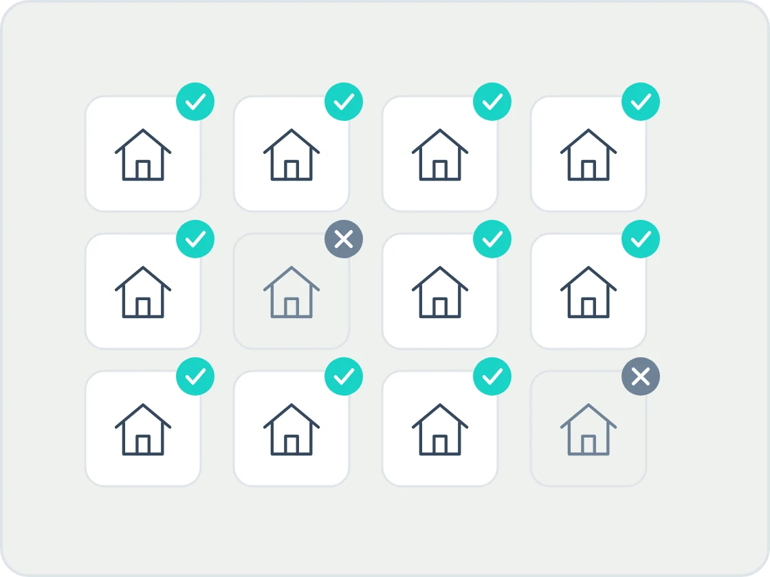 Illustration of a grid of twelve houses, ten ticked in turquoise as needing registration and two greyed out with a cross as exceptions.