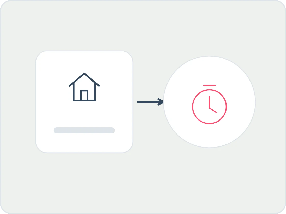 Illustration of a house card with an arrow pointing to a large coral clock, for a worked time example.